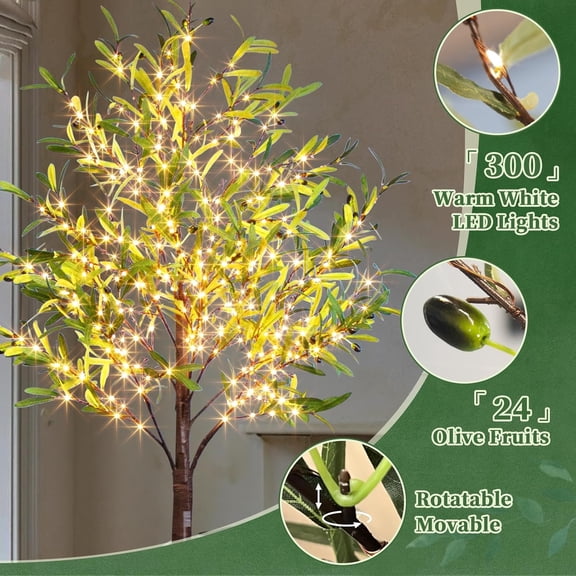Artificial Lighted Olive Tree,  6ft Faux Plant Tree with 300 LED Fairy Lights, Prelit Fake Eucalyptus Greenery Tree Light with Leaves and Fruits Indoor Outdoor Home Bedroom Christmas Decor