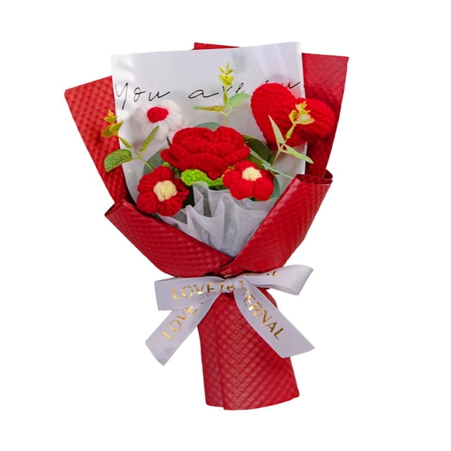 Ramo de flores de ganchillo terminado, decorativo, hecho a mano, corazón, hilo tejido artificial. Rojo