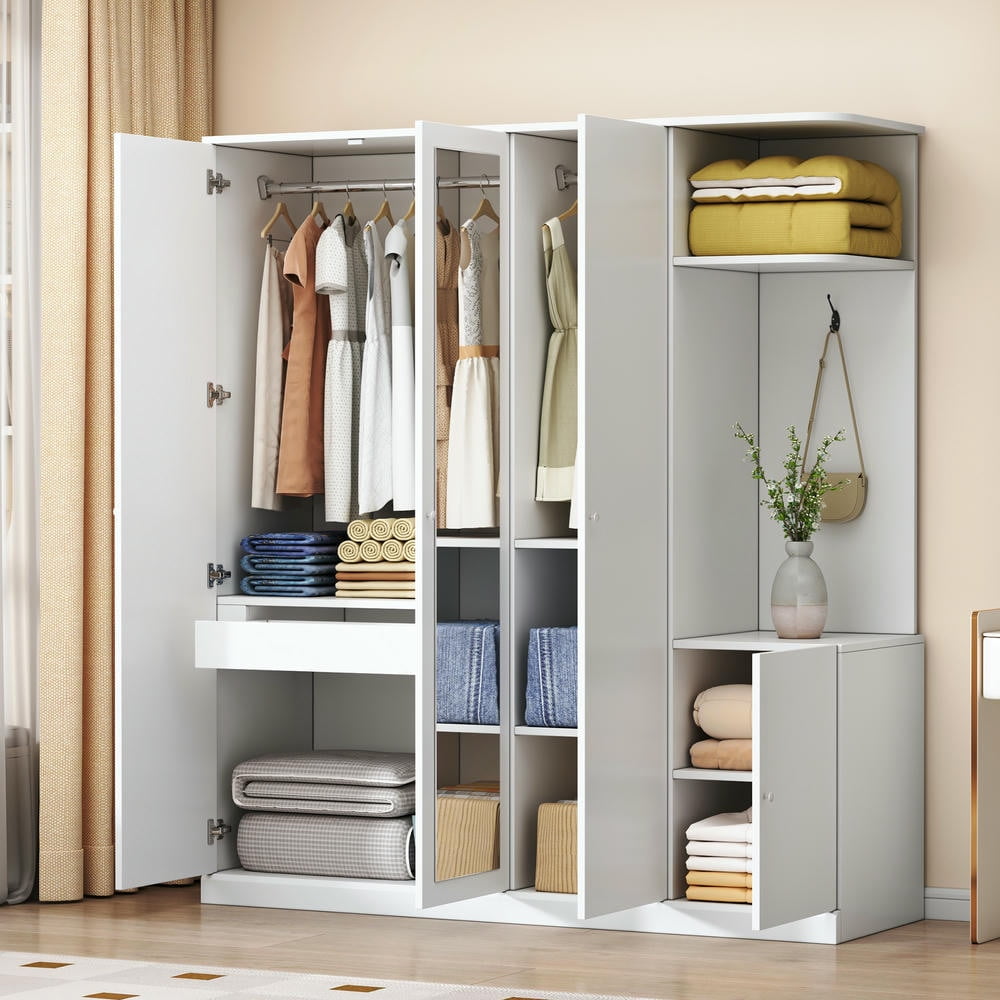 Kadyn 4 Door Armoire Wardrobe Closet with Full-Length Mirror, 65" Large Wardrobe Armoire with Drawers & Shelves, Modern Wooden Armoire Storage with Hanging Rod for Bedroom, White Kadyn 4 Door Armoire Wardrobe Closet with Full-Length Mirror, 65" Large Wardrobe Armoire with Drawers & Shelves, Modern Wooden Armoire Storage with Hanging Rod for Bedroom, White
