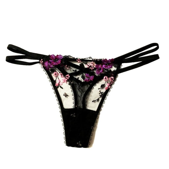 Victoria's Secret Very Sexy Embroidered Floral Thong Panty Black Mesh Lace Size Small NWT