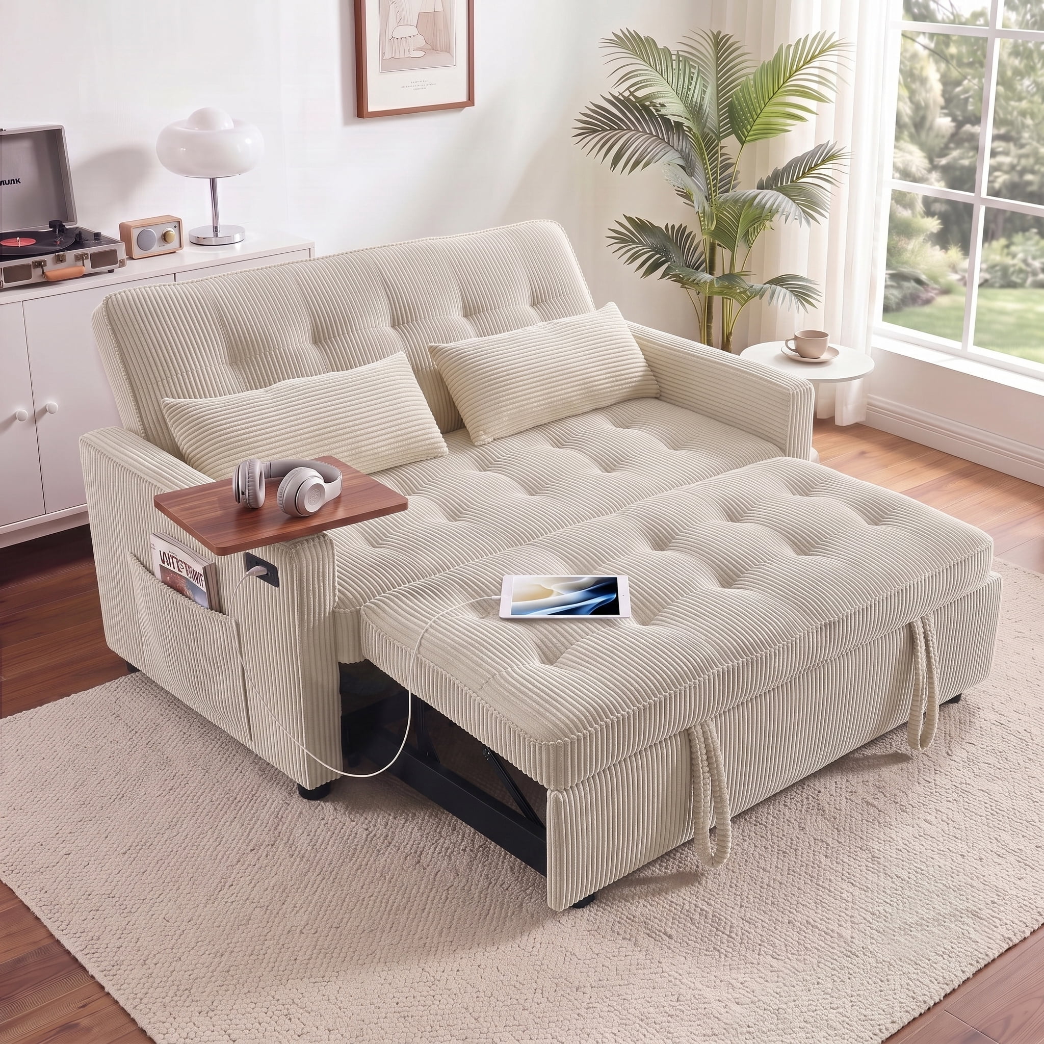 AISWORD 55" 3-in-1 Convertible Sleeper Sofa Bed, Pull Out Loveseat Couch with Side Tray Table & USB Charging Port, Adjustable Backrest Sofa for Apartment, Bedroom, Office, Beige