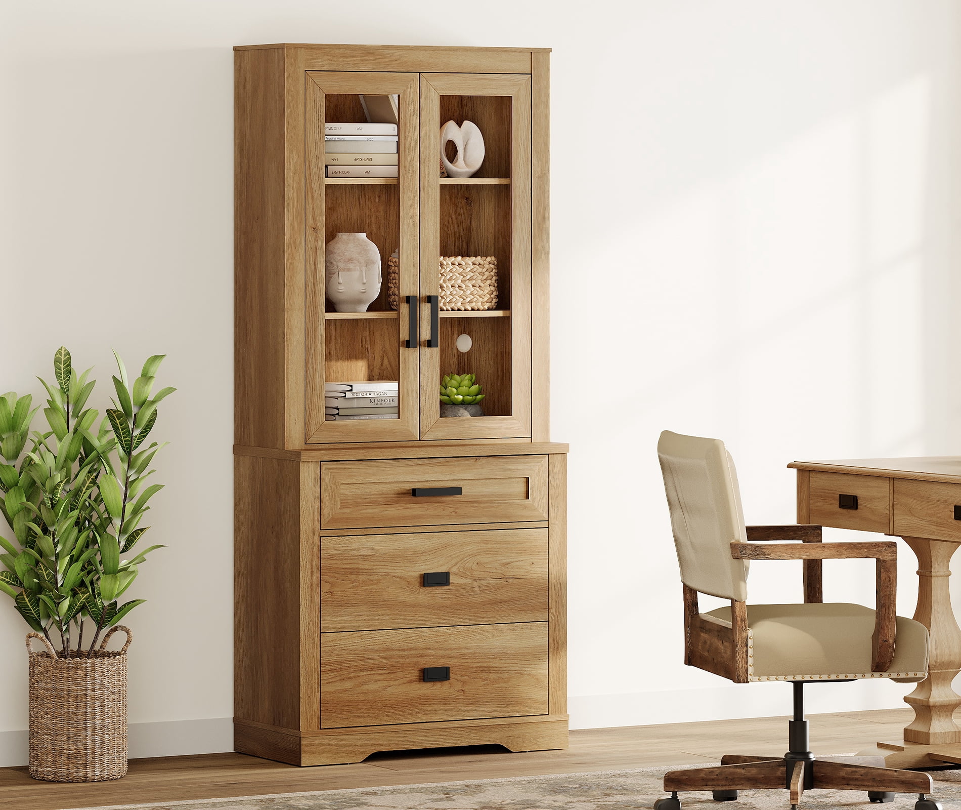WAMPAT 3 Tier Bookcase with Drawer,73.3" Tall Floor Standing Bookshelf,Modern Farmhouse Display Storage Cabinet with Adjustable Shelves,Walnut