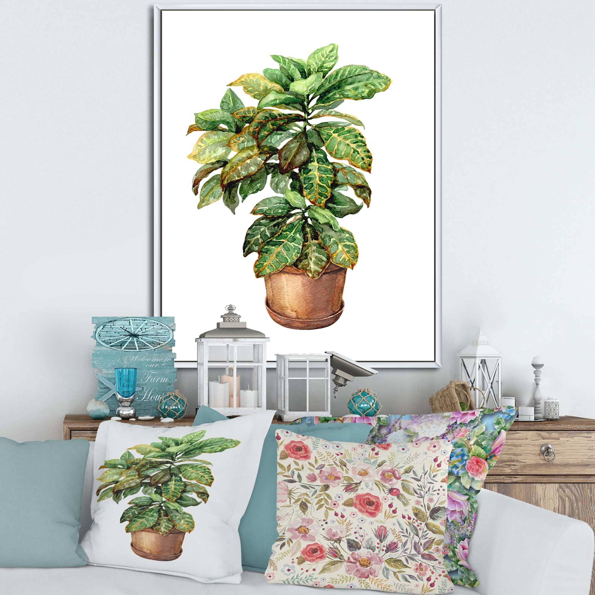 Designart 'Green Croton In Clay Flowerpot' Traditional Framed Canvas Wall Art Print