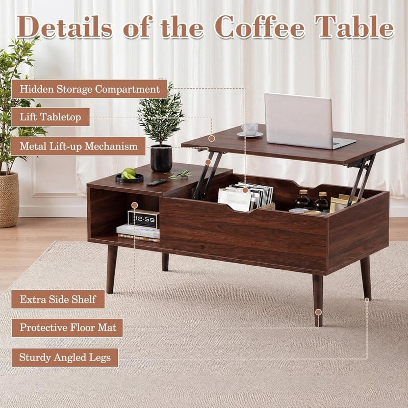 Kelno Lift Top Coffee Table with Hidden Storage Adjustable Height Wood Center Table with Open Side Shelves for Living Room, Dark Brown