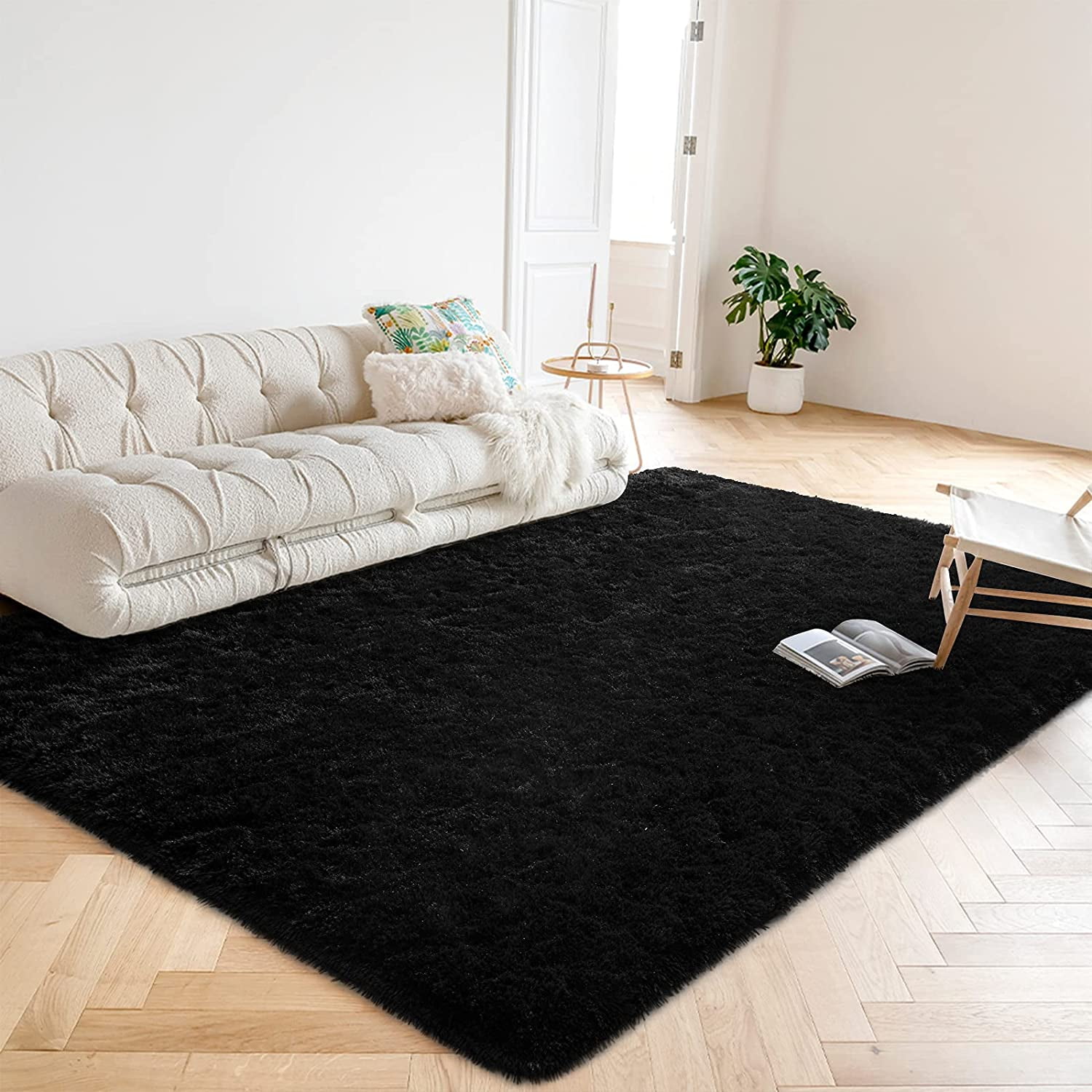 Lochas Ultra Soft Indoor Modern Area Rugs Fluffy Living Room Carpets for Children Bedroom Home Decor Nursery Rug 4' x 5.3', Black