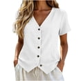 thumbnail image 3 of Ashirexll Short Sleeve Shirts for Women Spring and Summer Color and Linen V-Neck Short Sleeve Button Cardigan Top, 3 of 6
