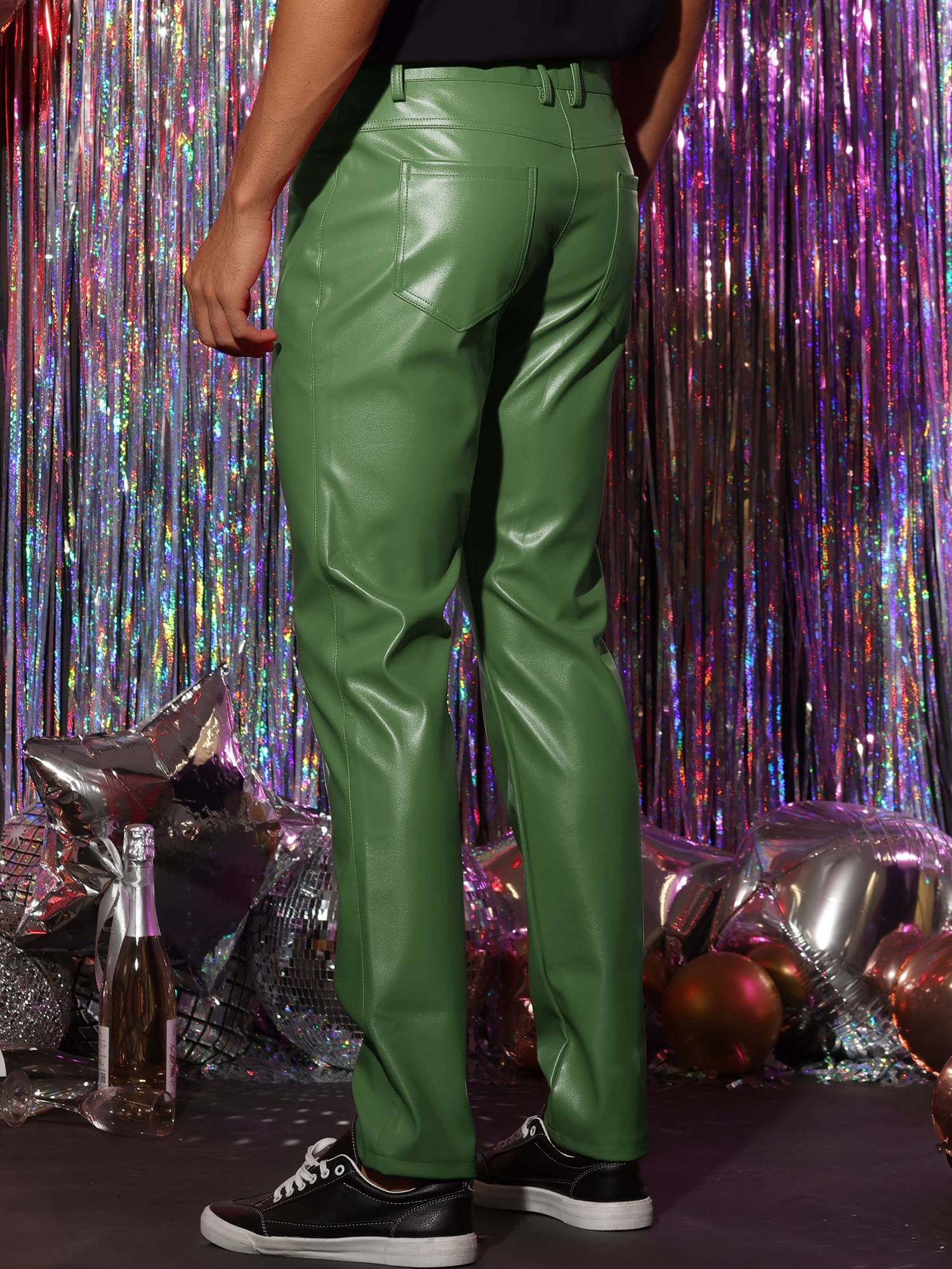 Unique Bargains Men's Faux Leather Pants Slim Fit Solid Nightclub Disco Trousers 36 Green
