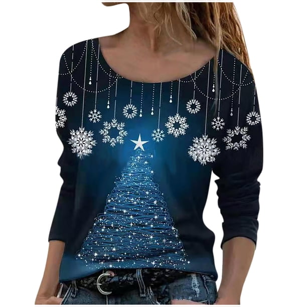 Camisas Navideñas Para Mujer, Camisas Informales Florales de Manga Larga, Jersey de Cuello Redondo Liso, Túnica Holgada, Tops, Blusa de Manga Larga Con Estampado de Árbol de Navidad Odeerbi ODB121211