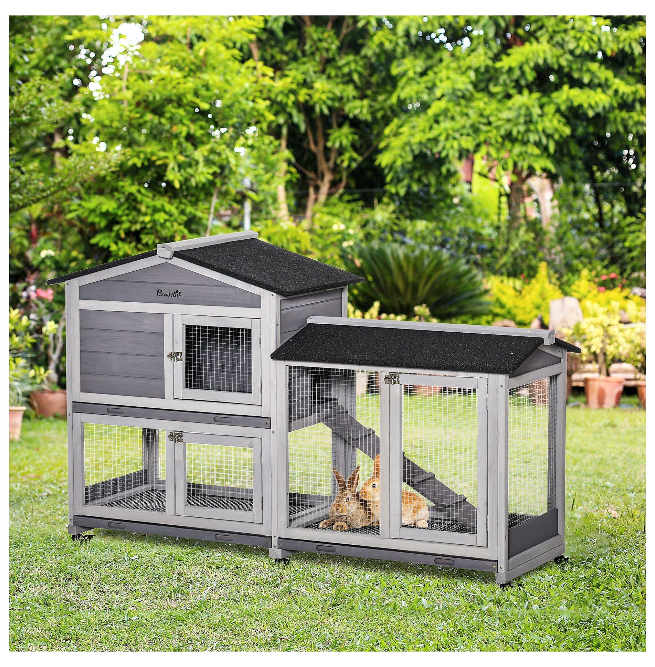 Wooden Rabbit Hutch 62" with Wheels Light Gray Bunny Cage Pet Playhouse Indoor Outdoor