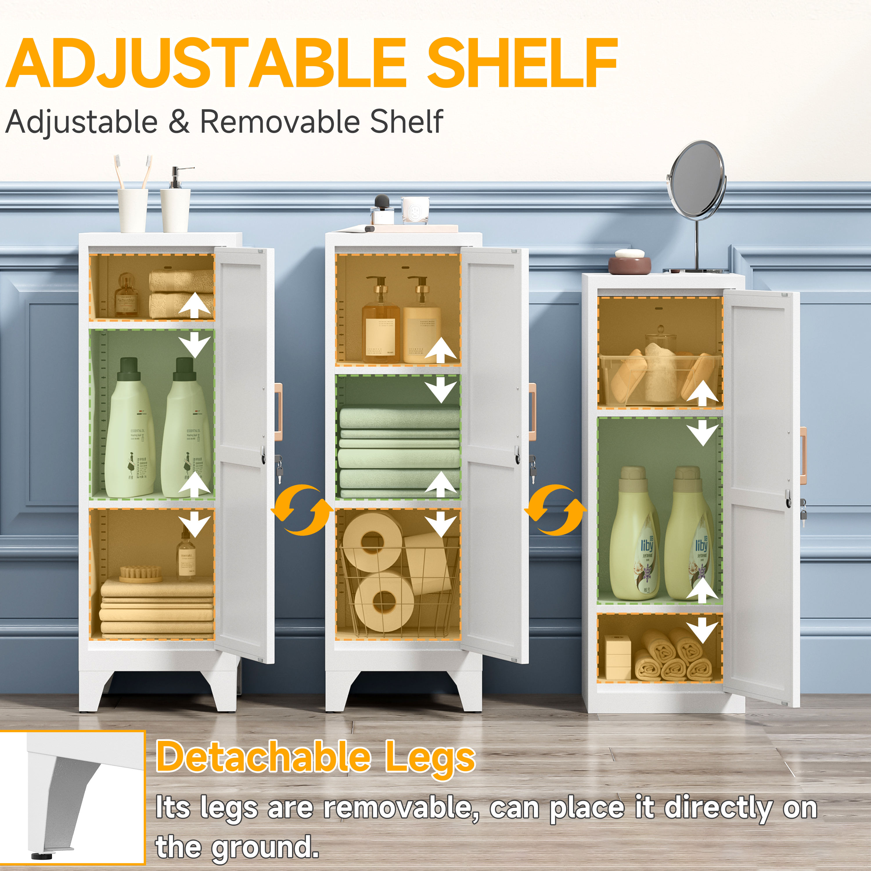 46"H White Metal Pantry Cabinet with 1 Lockable Door and 2 Adjustable Shelves, 3 Tier Small Storage Cabinet with Detachable Legs and Vintage Handle for Kitchen,Home Office,Gym,School,Easy Assembly