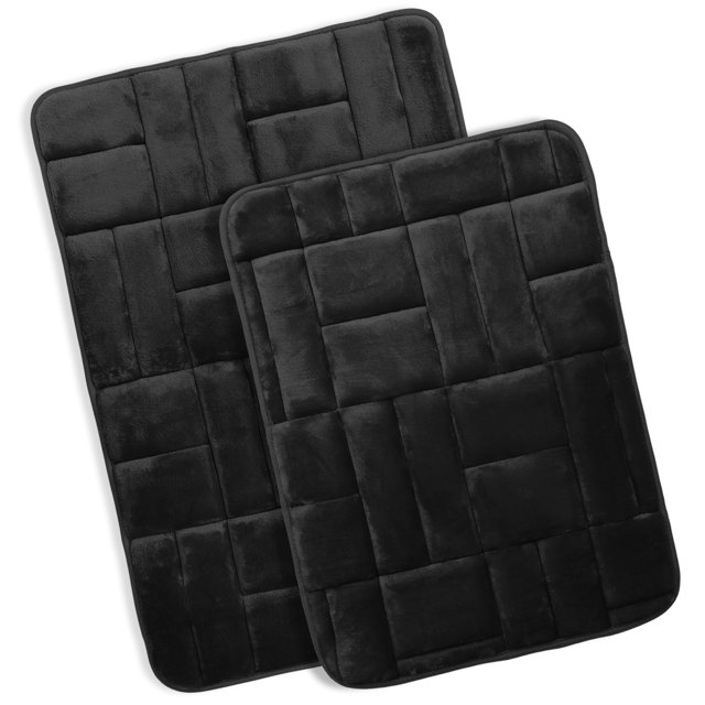 Clara Clark Bathroom Rugs, Velvet Memory Foam Bath Mat, Ultra Soft Non Slip and Absorbent - Tiled - Set of 2 - Black