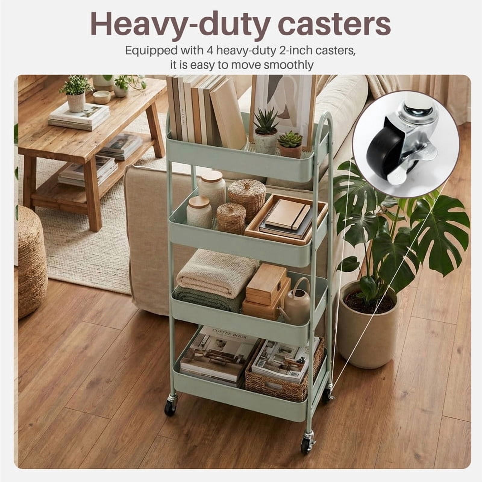 Gianna Utility Cart, Metal, 3‑Tier, Lockable Caster Wheels , 360° Rolling, Green