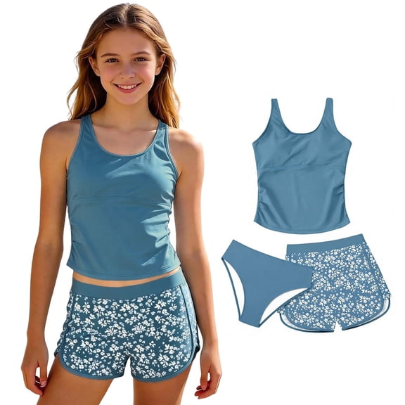 Girls 3 Piece Tankini Swimsuit Summer Boyshort Bathing Suit Beach Rash Guard Swimwear 7-16 Years