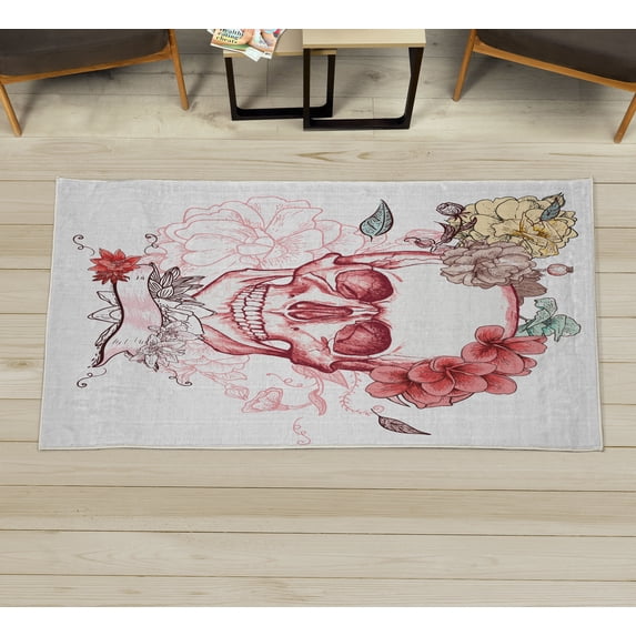 Grunge Decorative Rug, Skull and Flowers Day of the Dead Mexican Traditional Celebration Symbolic Art, Quality Carpet for Bedroom Dorm and Living Room, 6 Sizes, Coral Cream, by Ambesonne