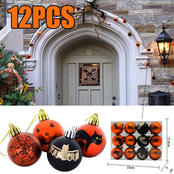 Decoración del hogar, decoración de habitaciones, decoración de pared, 12 bolas de corona de Halloween, adornos colgantes irrompibles, decoración fantasma, letrero de patio