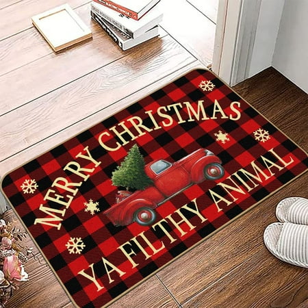 

JOOCAR Christmas Mat Red Black Buffalo Plaid Retro Red Truck Christmas Tree Christmas Mat for Home Kitchen Starter Home Front Door Welcome Indoor Outdoor Decorative Floor Mat Door Mat