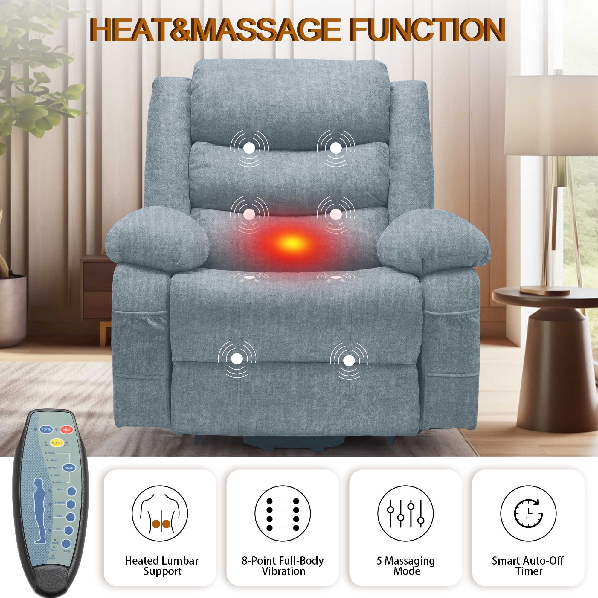 Korser Power Lift Recliner Chair for Elderly with Massage and Heat Oversized for Living Room,Pewter