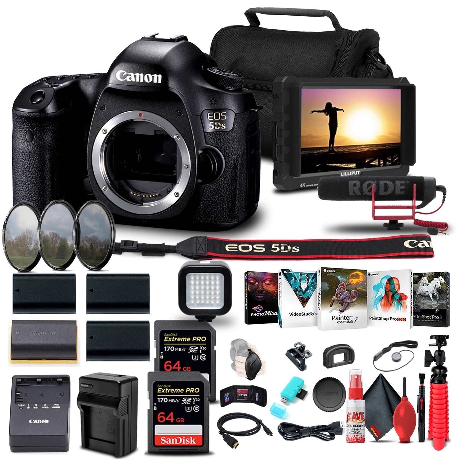 Canon EOS 5DS DSLR Camera Body Only 0581C002 4K Monitor Pro Mic 2 x 64GB Memory Card 3 x LPE6 Battery External Charger Card Reader LED Light Corel Photo Software Case International Model
