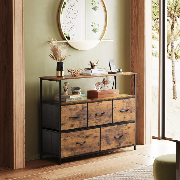 tv stand dresser Wlive Dresser Tv Stand Entertainment Center with Fabric Drawers Media Console Table with Metal Frame and Wood Top for Tv up to 45 inch Chest of Drawer