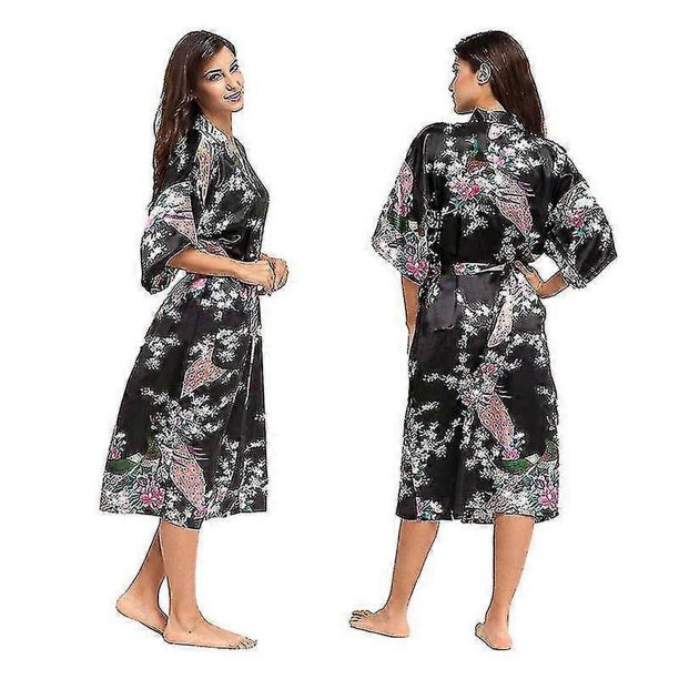 Womens Floral Printed Soft Satin Kimono Dressing Gown Wedding Bathrobe Sleepwear