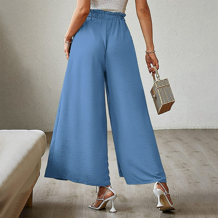 Fsqjgq Women's Stretchy Straight Dress Pants with Pockets Flowy Pants  Women's Pure Color Bow Split High Waisted Belted Flowy Wide Leg Pants Women