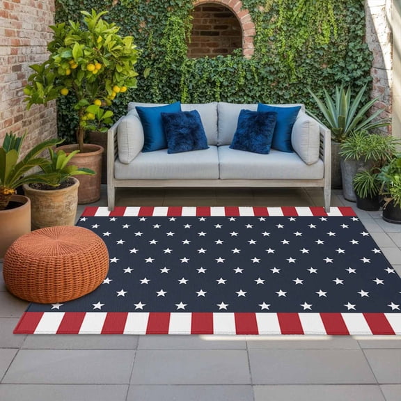 4th of July Outdoor Rug 3x5 ft American Stars Flag Outdoor Large Area Rug Non Slip Red White and Blue Stripes Front Door Mat RV Rug Carpet Patio Outdoor Rugs for Backyard Balcony Deck Porch Indoor