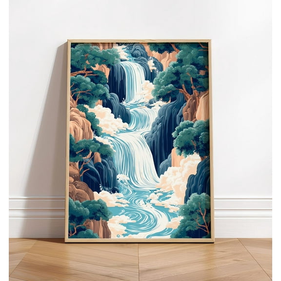Hokusai Ukiyo-E Japanese Waterfall Wall Art, Landscape Poster, Blue Green Print, Japandi Home Decor Wall Art, Modern Wall Decor, 8x12 UNFRAMED