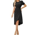 thumbnail image 2 of ZHUGeLI Summer Dresses for Women Women's Fashion Casual Solid Color Short Sleeve Round-Neck Dress Belted Ruffle Hem A-Line Flowy Midi Dresses, 2 of 9