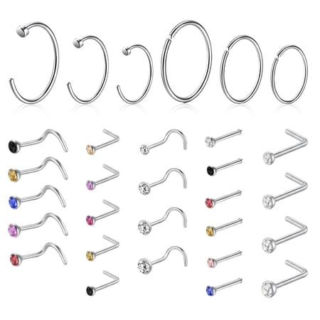 Nose Piercings, 30-Pack Steel Studs with L-Shape, Screw, and Bone Styles, CZ Nose Ring Set for Women and Men, Body Piercing Jewelry Kit