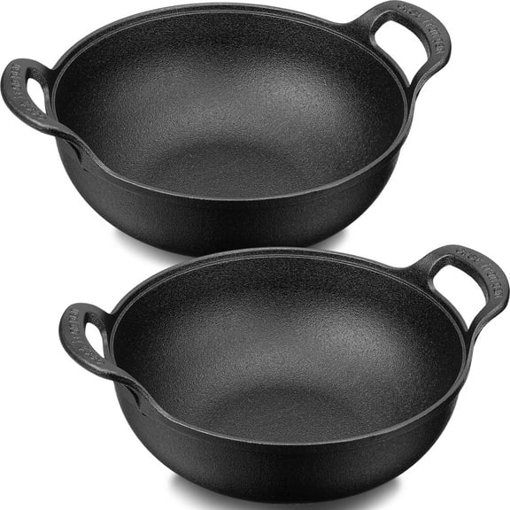2 Sets Cast Iron Wok with Loop Handle 10 Inch Mini Wok Nonstick Coated Flat Bottom Stir Fry Pans Pre Seasoned No Chemical Grilling Suitable for Induction Electric Gas All Stoves, Black