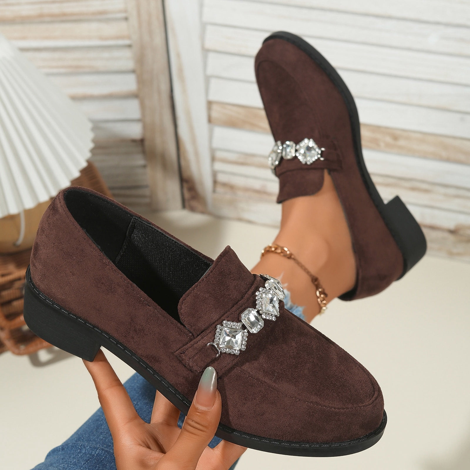 Suede Loafers for Women Comfortable Slip On Glitter Rhinestone Dress Shoes Block Low Heel Non Slip Fall Shoes Brown Size 7.5