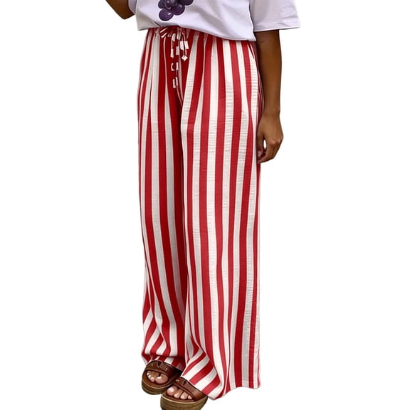 Stralyhd Palazzo Pants for Women Straight Leg Summer Stripe Pants Casual Loose Beach Lounge Pants Drawstring Elastic Waist Trousers with Pockets Vermilion XXL