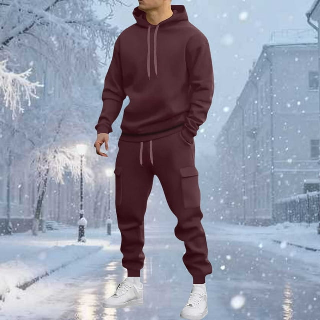 Ceisia Men's Solid Color Hooded Tracksuit Set with Cargo Pockets for Casual & Sports Wear Wine XXL Gifts