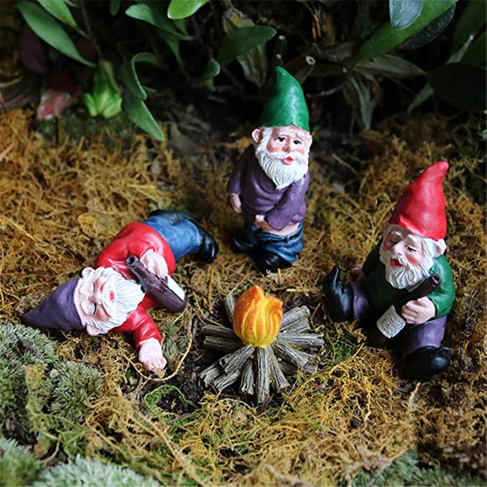 4 Pack Miniature Gnomes Figurines Fairy Drunk Dwarf Statues Garden Yard Decor 