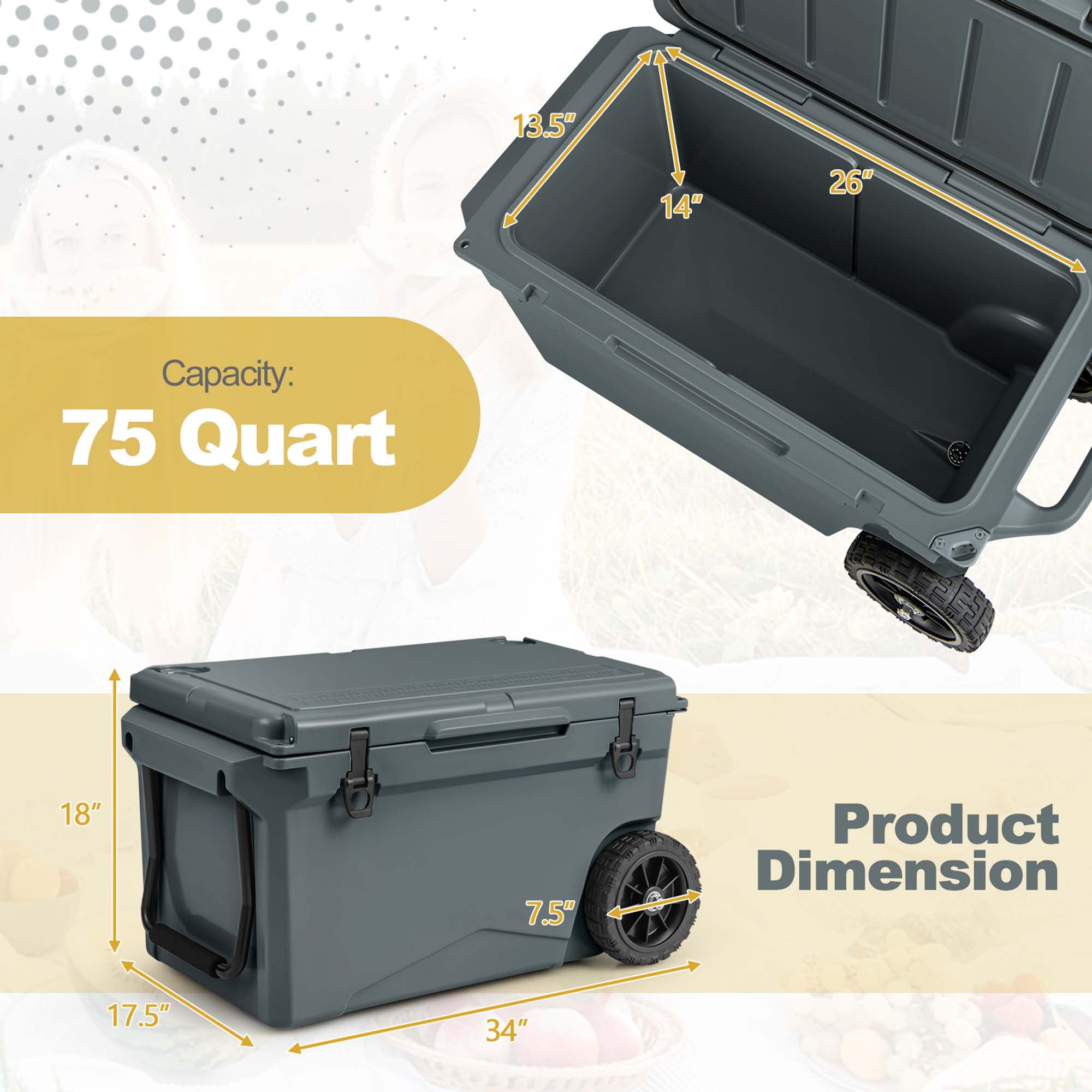 Costway 75 Qt Portable Cooler Roto Molded Ice Chest Insulated 5-7 Days with wheels Handle Charcoal