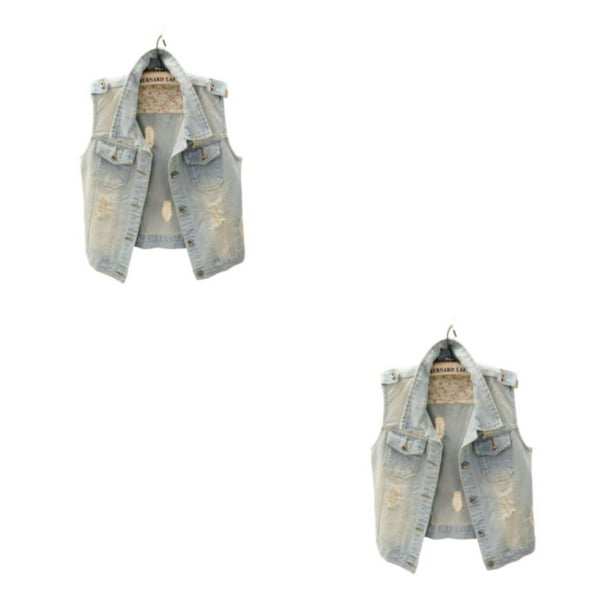 Jumpingount Primavera fiesta evento mujeres hombres chaleco vaquero Camping viaje sin mangas botón abajo chaqueta doble bolsillo regalo de Azul claro 2XL 2Conjunto