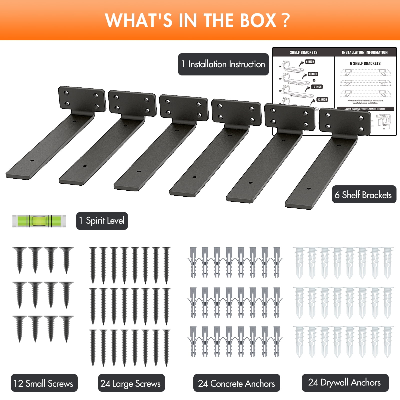 6 Pack Shelf Bracket 10 inch Long, Yeabett Floating Shelves Brackets(1/5"-Thick), Black Coated Metal Wall Shelf Support Brackets with 160 lb. Load Capacity