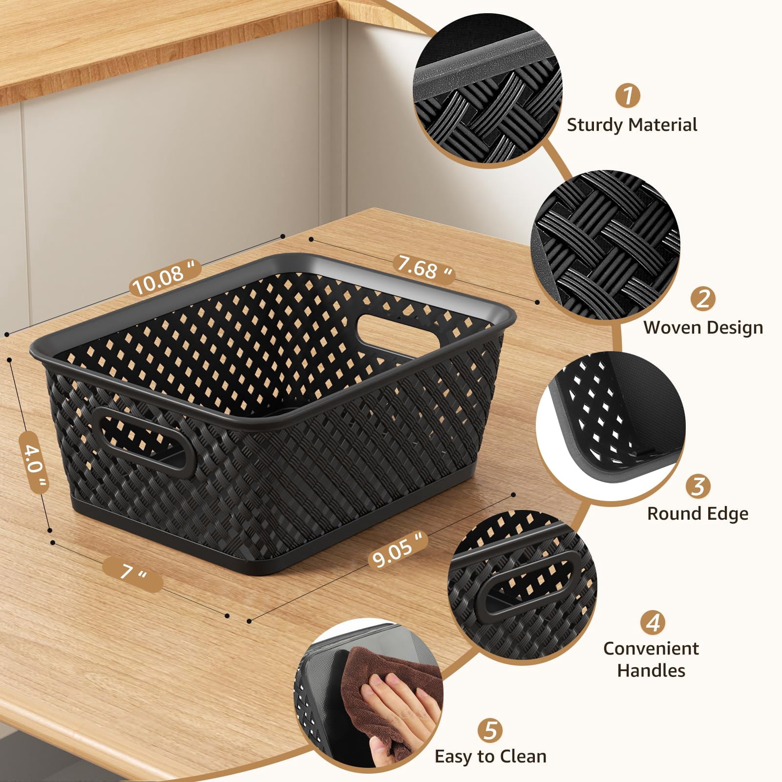 Plastic Woven Storage Baskets With Handles, 3 Pack, Medium, Black, For Home Office Organization