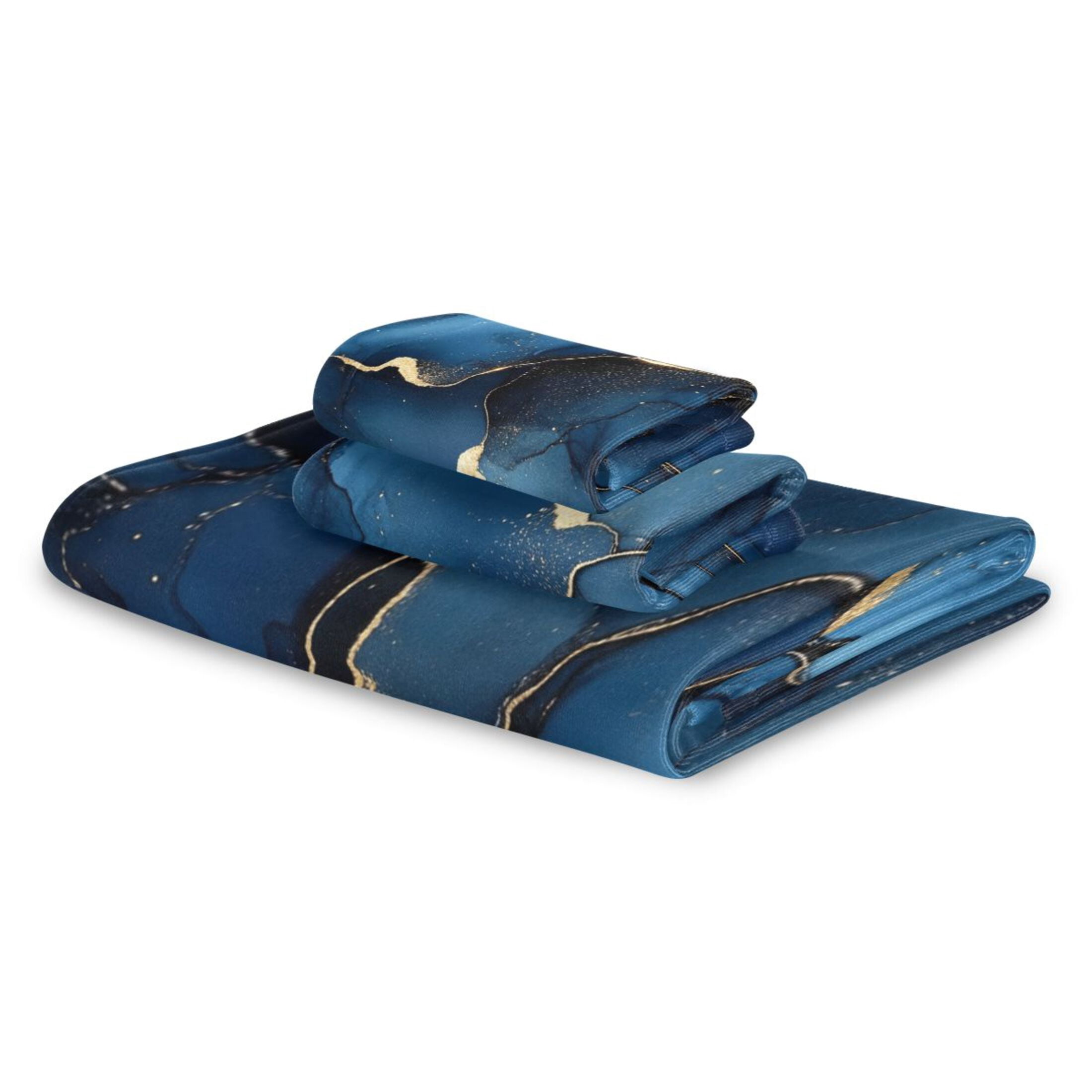 WOBOGO Navy Blue Gilt Marbles Ultra Soft 3 Pack Cotton Towel Set Includes 60 x 30in Bath Towel 28 x 16in Face Towel and 13 x 13in Small Square Towel for Everyday Use Lightweight and Compact