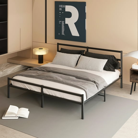 King Size Metal Platform Bed Frame With Headboard, & , No Box Spring Requirement, Quiet Sleep, Modern Style For King, Spring, Night Dream, 660 Lbs Capacity