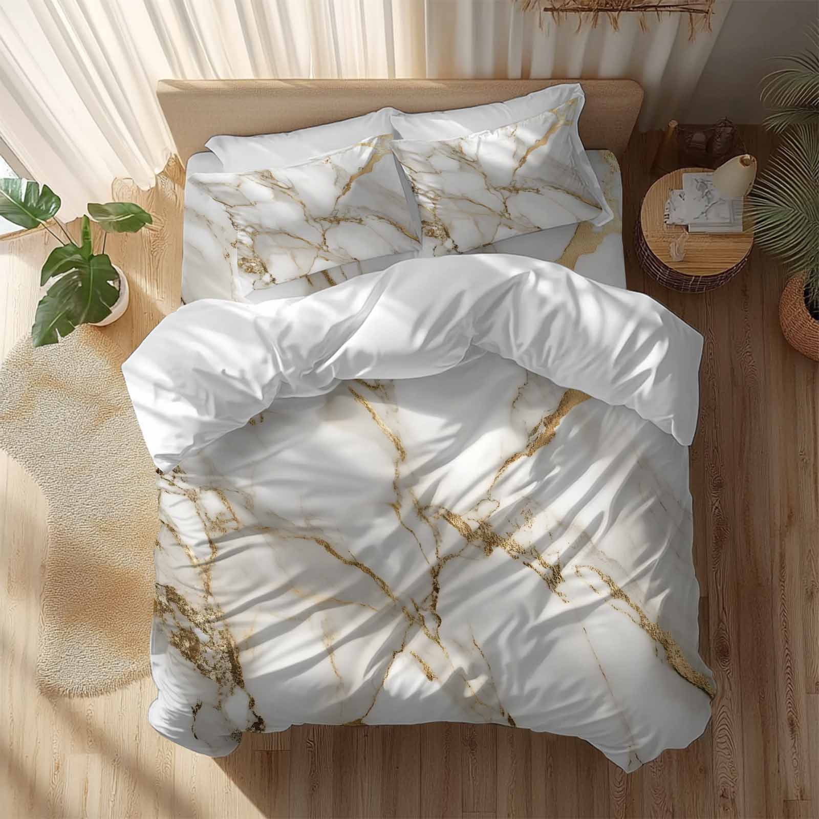 Abstract Duvet Cover Set Queen Size White Marble Pattern Gold Crack Texture Minimalism Soft Lightweight Comforter Covers 4 Piece Bedding Set with 1 Duvet Cover 1 Bed Sheet & 2 Pillow Shams