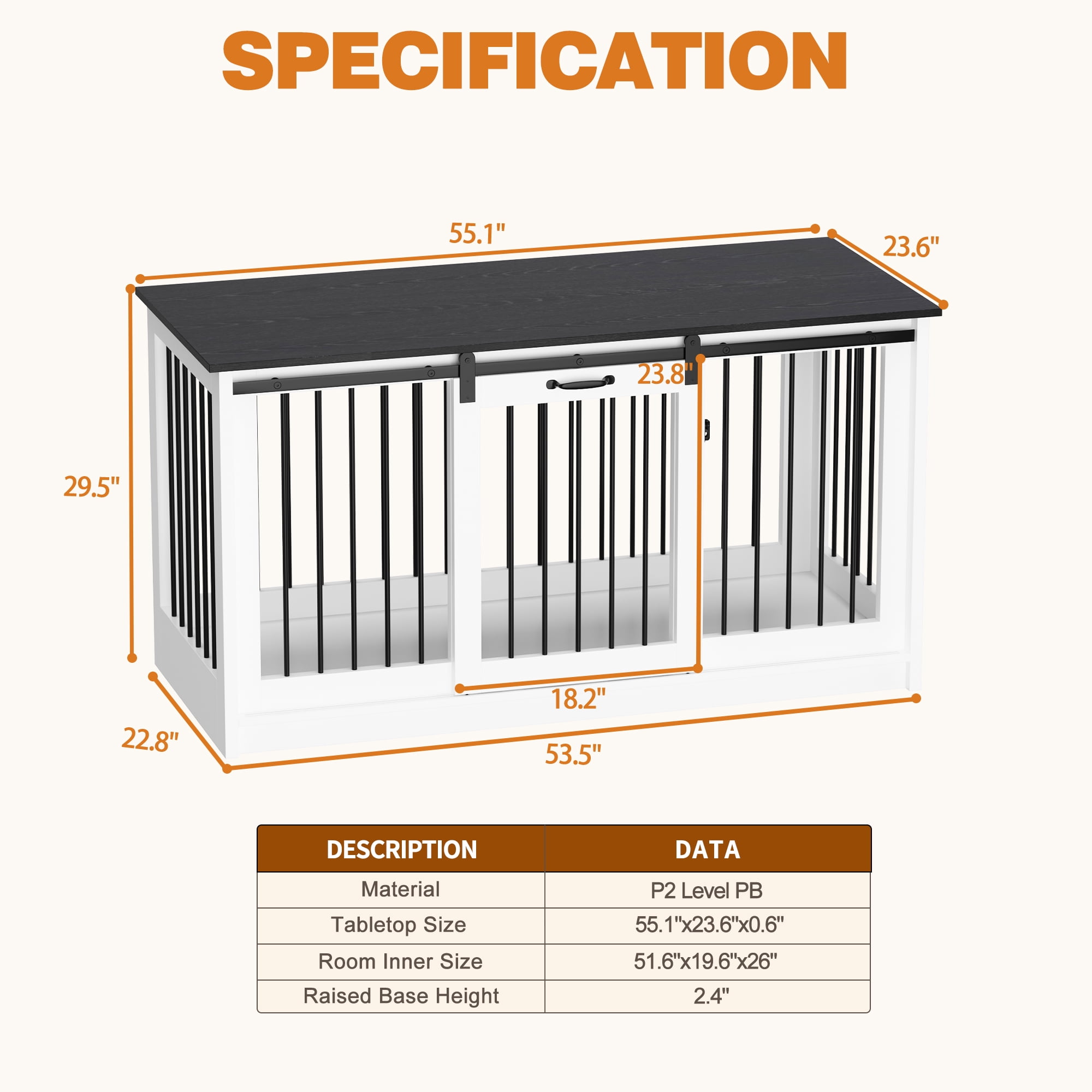 NARTRU 55.1" Dog Crate Kennel Cage Furniture with Sliding Door for Small, Medium and Large Dog, White