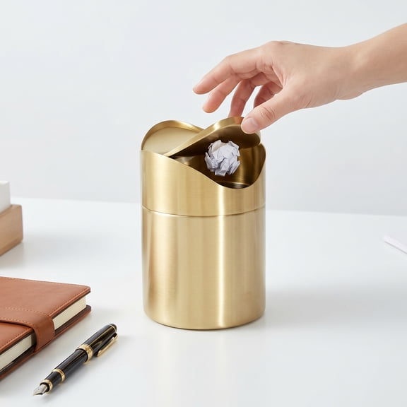 ZHANGLU Gold Trash Can with Swing Lid 4.72 in × 4.72 in × 6.50 in – Small Trash Can with Lid for Bathroom, Office, Bedroom, Waste Basket