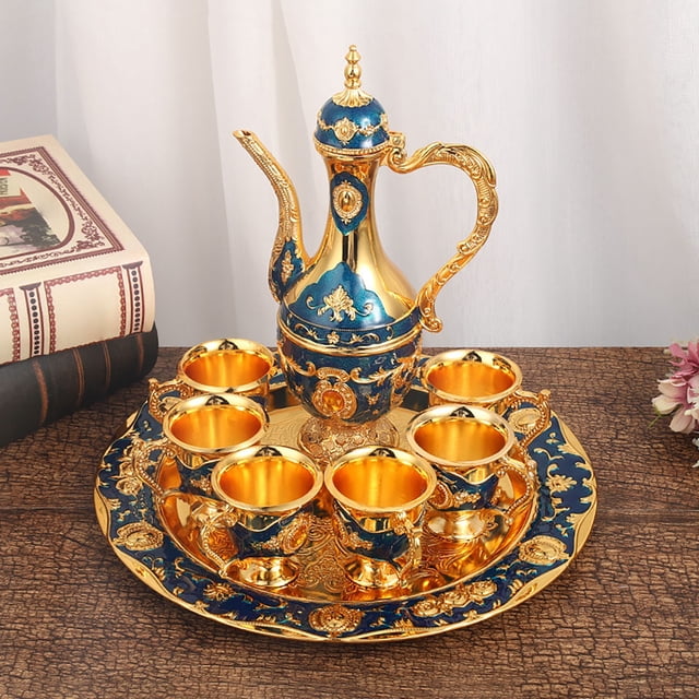 Vintage Coffee Pot Cups Set With Tray And 6 Cups Retro Tea Pot Cups Set Exquisite Wine Pot Set Decorative Vintage Tea Service Set For Home Party Gold