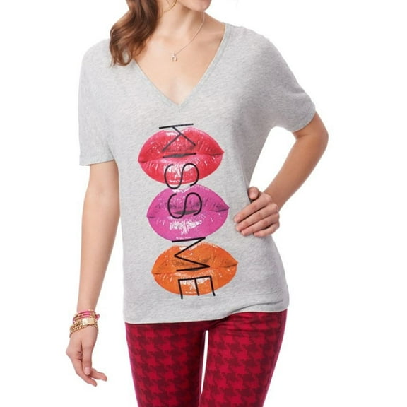 Aeropostale Womens Kiss Me Ss V-neck Loose Fit Graphic T-Shirt, Grey, Juniors, X-Small