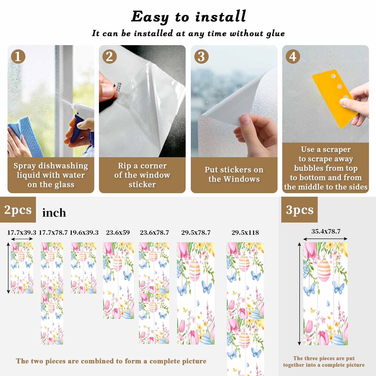 Easter Flowers Window Privacy Film, Watercolor Country Pink Blue Yellow Floral Eggs Butterfly Frosted Glass Window Clings Static Cling UV Heat Blocking Reusable Sticker for Bedroom 35.4x78.7 Inch