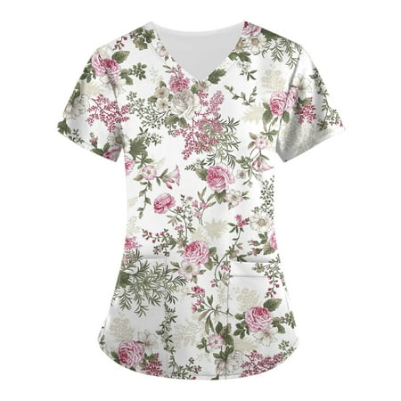 

QAZXD Womens Tops Women s Fashion V-neck Short Sleeve Scrub Tops With Pockets Printed Tops