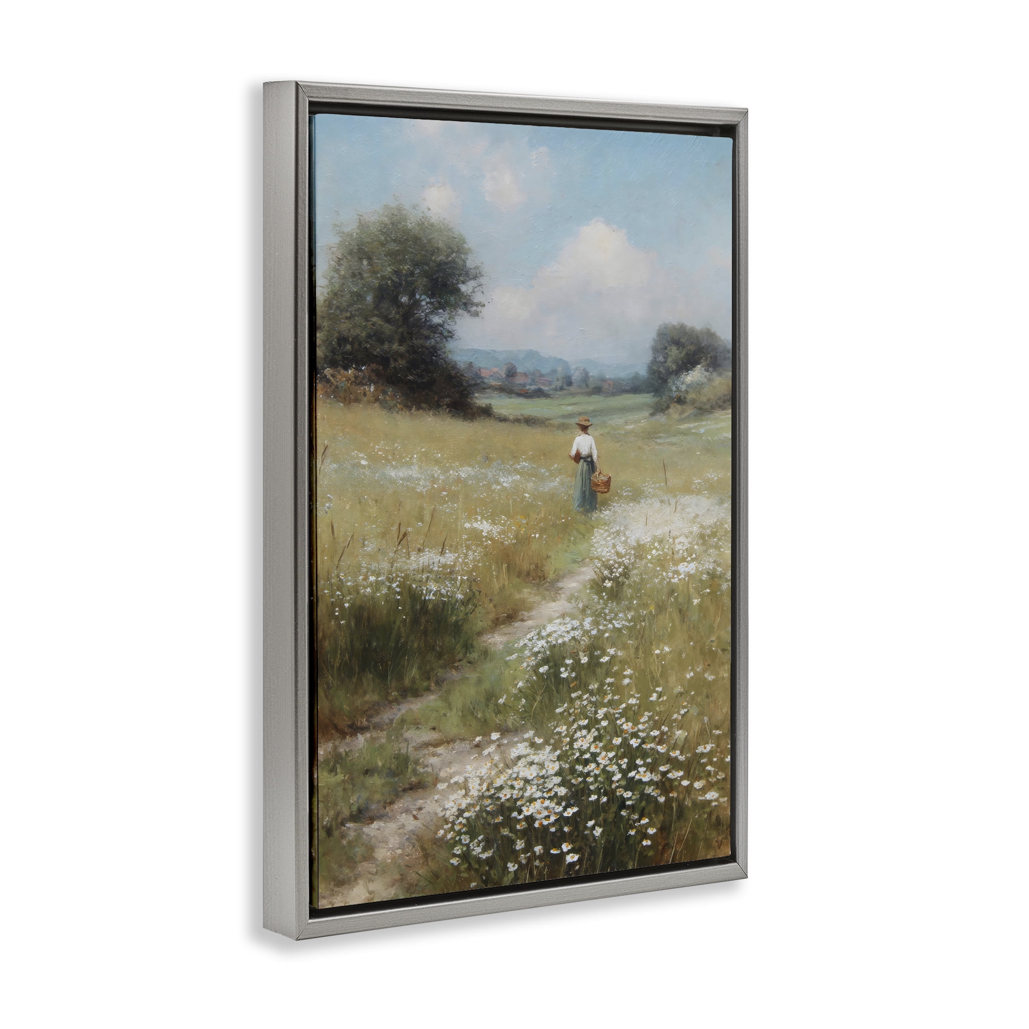 Stupell Industries Flower Gazing in Summer Meadow Gray Framed Floater Canvas Wall Art, design by Petal Prints Design