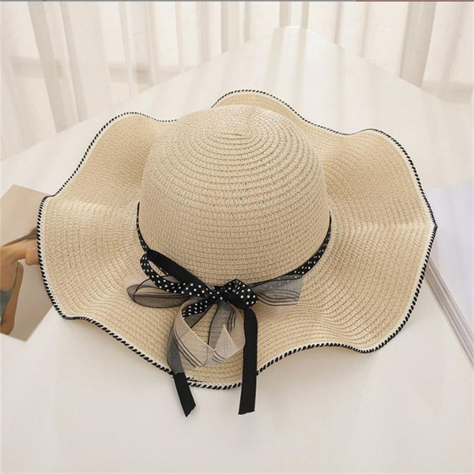 Womens Hepburn Wind‎ Straw Sun Hat Tan Cream Grosgrain Ribbon Bow Resort Beach 6314983-81222847-01282026-  main image 2
