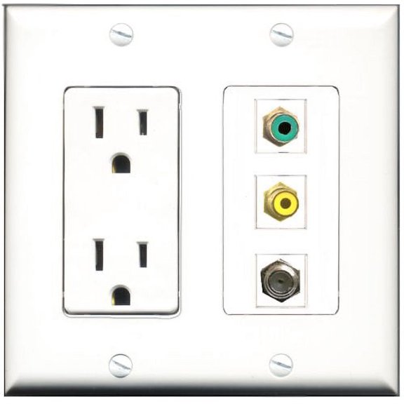 RiteAV - 15 Amp Power Outlet 1 Port RCA Yellow 1 Port RCA Green 1 Port Coax Decorative Wall Plate